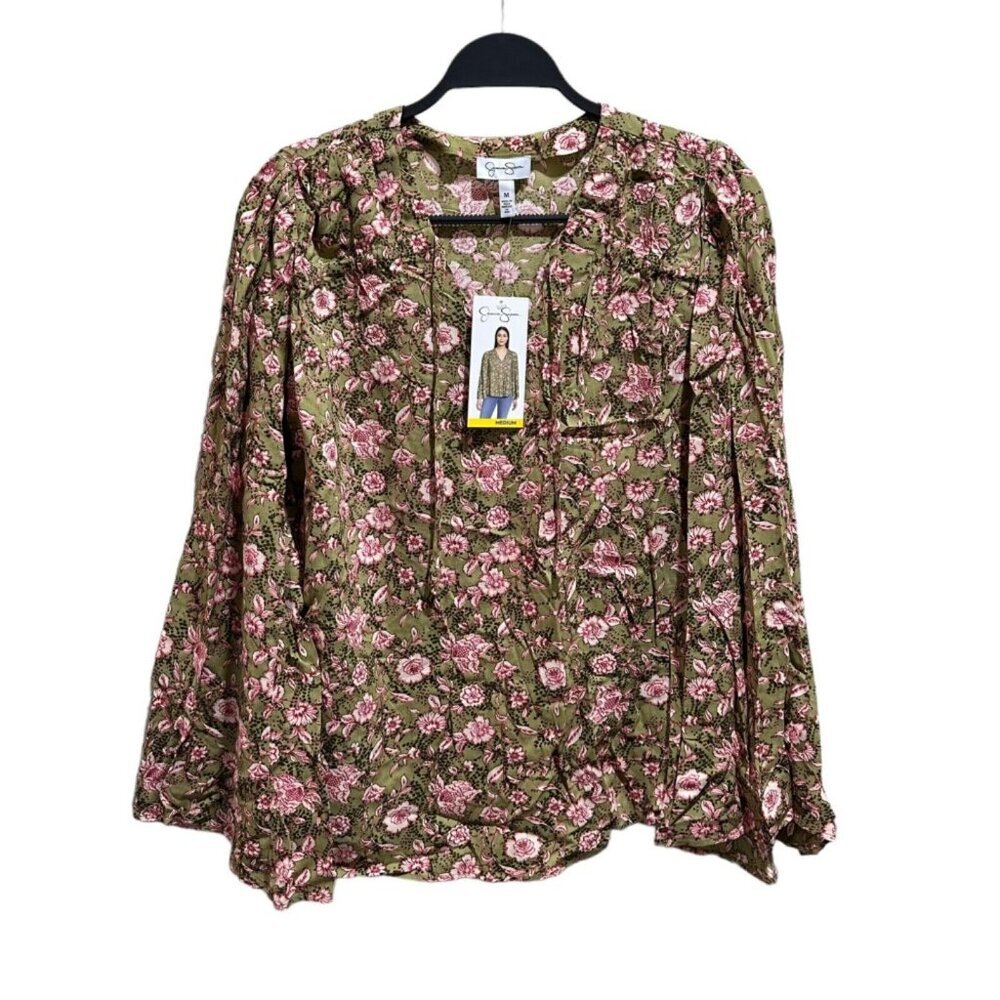 Jessica Simpsonโ Size M Leslie Boho Blouse Green Pink Floral Bell Sleeve Top NEW